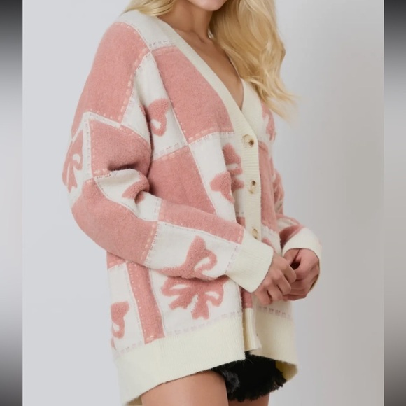 Jane Bow Check Sweater ✨ 3D Bow and Square Pattern Oversized Cardigan - Picture 5 of 8
